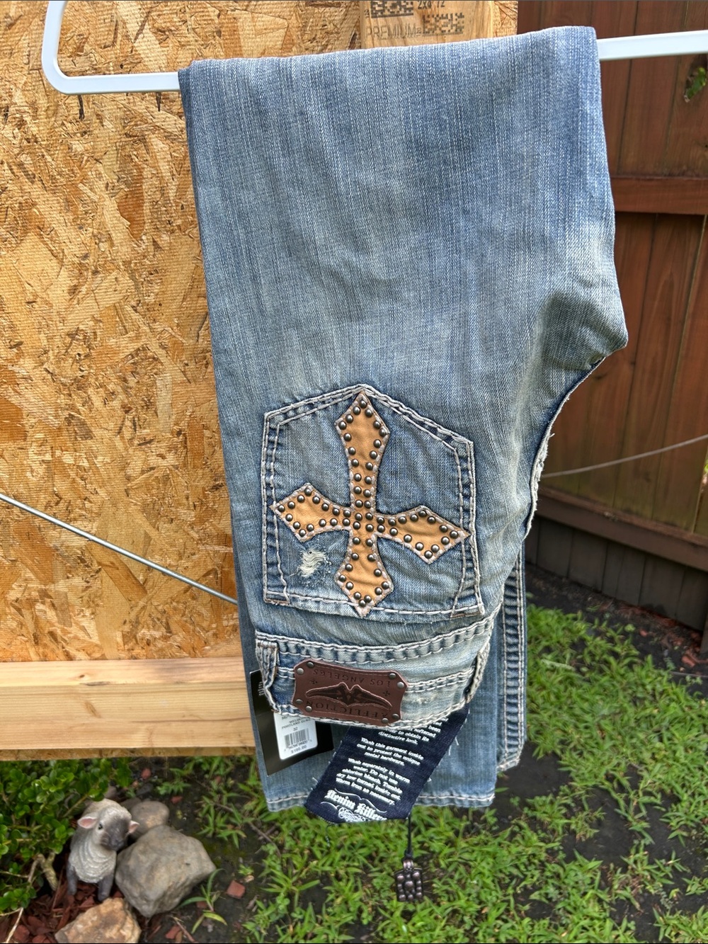 Affliction Light Blue Denim Jeans with Studded Cross Patch